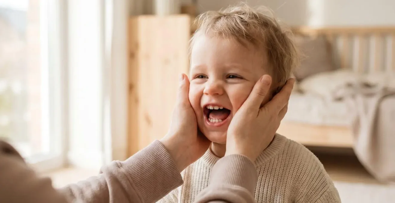 Jeune enfant souriant largement montrant ses dents de lait, encadré par les mains d'un parent dans une lumière naturelle douce