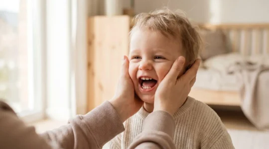 Jeune enfant souriant largement montrant ses dents de lait, encadré par les mains d'un parent dans une lumière naturelle douce