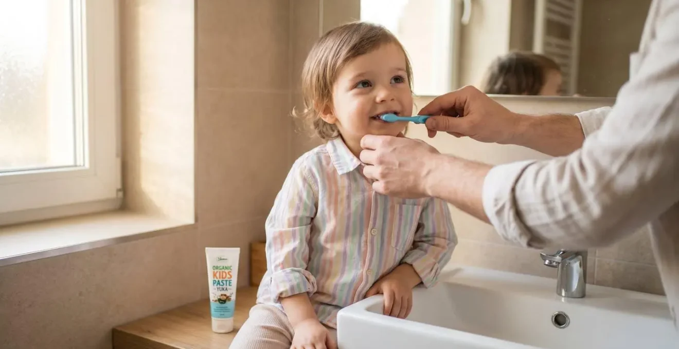 Parent brossant les dents d'un jeune enfant souriant dans une salle de bain lumineuse, avec un tube de dentifrice bio visible sur le plan de travail