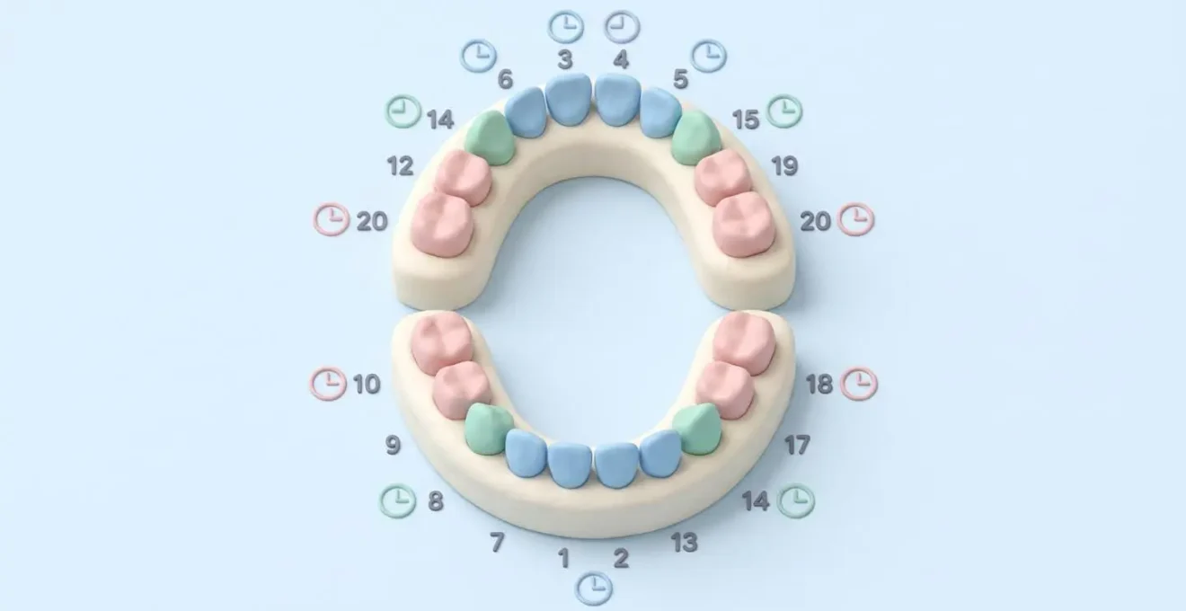 Schéma 3D isométrique des 20 dents de lait avec codes couleur par type de dent et numéros indiquant l'ordre d'apparition